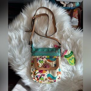NWT Lily Bloom Teal, Tan & Cream Bird-Print Crossbody